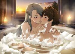about_to_kiss ai_generated bath bathroom blush braided_hair brown_hair bubbles candles convenient_censoring grey_hair hairclip implied_incest makoto_niijima persona persona_(series) persona_5 red_eyes sae_niijima sister sister_and_sister sisters suds sunset teenager washing yuri