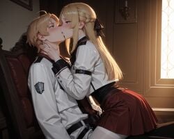 1boy 1girl ai_generated ariel_anemoi_asura blonde_hair blue_eyes blush brown_hair cheating couple female femdom french_braid french_kiss gabrail green_eyes hair_ribbon hand_on_neck kiss kissing long_hair lovers mushoku_tensei mushoku_tensei:_isekai_ittara_honki_dasu rudeus_greyrat school_uniform short_hair sitting skirt tagme teenager teenager_on_teenager white_legwear white_pantyhose