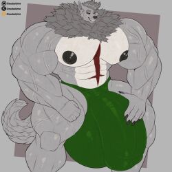 1boy anthro big_bulge bulge canid canine canis fluffy_tail green_thong green_underwear grey_body lycanvarionad_(character) male male_only mammal meebeehyena muscular muscular_anthro muscular_male red_markings simple_background solo tagme tail thong wolf