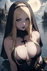 ai_generated blonde_hair dark_nun dark_nurse lake night nun nun_hat solo tagme water yodayo