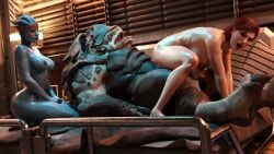 1boy 2girls 3d alien alien_girl asari bed belethor's_smut blue_eyes blue_skin breasts commander_shepard eyeshadow female femshep freckles frown hi_res horsecock interspecies kneeling krogan mass_effect medium_breasts nipples nude reverse_cowgirl_position samara sex shiny_skin watching