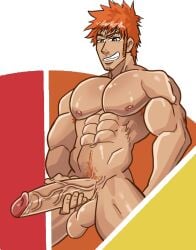 1boy 2023 armpit_hair balls bara bara_tits barazoku bardots_trash big_balls big_penis bleach completely_nude erection gay hand_on_penis hi_res highres ichigo_kurosaki looking_at_viewer male male_focus male_nipples male_only male_pubic_hair manly masturbation muscular_male nipples nude orange_hair penis solo solo_male touching_penis yaoi