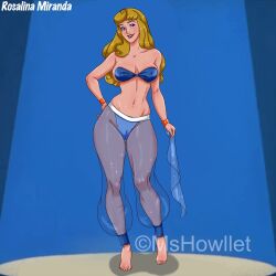 aurora_(sleeping_beauty) barefoot belly_dancer belly_dancer_outfit blonde_hair blue_eyes bracelet cameltoe cleavage disney disney_princess harem_girl harem_outfit harem_pants large_breasts long_hair mshowllet princess royalty sleeping_beauty_(1959_film)