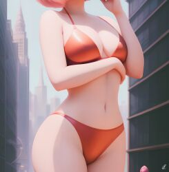 1girls ai_generated anime big_breasts bikini breasts city female female_only goddess_sakura manga naruto naruto_(series) navel new_york new_york_city pink_hair red_bikini sakura_haruno solo