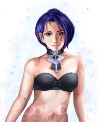 1girls bare_arms bare_midriff bare_shoulders blue_background blue_hair bra breasts choker collarbone female female_only fire_emblem fire_emblem:_three_houses looking_at_viewer midriff navel nintendo purple_eyes shamir_nevrand short_hair shoulders small_breasts smile sparkles underwear upper_body white_background yokosimasyo69