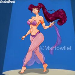 barefoot belly_dancer belly_dancer_outfit bracelet cleavage disney disney_princess eyeshadow harem_girl harem_outfit harem_pants hercules_(disney) large_breasts long_hair megara mshowllet ponytail purple_eyes purple_hair