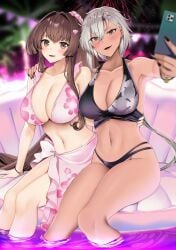 2girls absurdres alternate_costume arm_around_waist asymmetrical_bangs bikini black_bikini black_nails blurry breasts brown_eyes brown_hair cleavage collarbone depth_of_field fireworks grey_hair hand_on_another's_shoulder high_ponytail highres holding holding_phone kantai_collection large_breasts long_hair looking_at_phone multiple_girls musashi_(kantai_collection) night night_sky open_mouth oyster partially_submerged phone pink_bikini sarong selfie shell_hair_ornament sitting sky smile swimsuit very_long_hair yamato_(kantai_collection) yunamaro