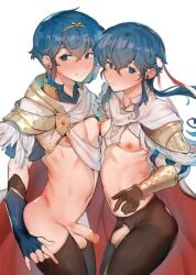 2boys alternate_costume asymmetrical_docking bare_midriff bare_thighs breast_press breasts byebyefrog earrings femboy fingerless_gloves fire_emblem fire_emblem:_genealogy_of_the_holy_war fire_emblem:_mystery_of_the_emblem fire_emblem:_shadow_dragon_and_the_blade_of_light fire_emblem_heroes foreskin frown gay gloves grin long_hair looking_at_viewer male male_only marth_(fire_emblem) marth_(resplendent)_(fire_emblem) midriff multiple_boys nintendo nipples nipples_touching official_alternate_costume pantyhose penis ponytail seliph_(fire_emblem) seliph_(resplendent)_(fire_emblem) short_hair small_breasts small_penis smile stockings thighhighs thighs tiara torn_clothes uncut very_long_hair yaoi