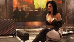 1girls 3d belethor's_smut big_breasts black_hair blue_eyes bra breasts cleavage crossed_legs female female_only hi_res long_hair looking_away mass_effect miranda_lawson partially_clothed sitting solo solo_focus