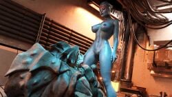 1boy 1girls 3d after_sex alien alien_girl alien_penis asari belethor's_smut big_penis blue_eyes blue_skin breasts completely_nude cum cum_in_pussy cum_inside female hi_res horsecock impregnation interspecies_impregnation krogan mass_effect medium_breasts nipples nude penis pussy samara shiny_skin standing_over