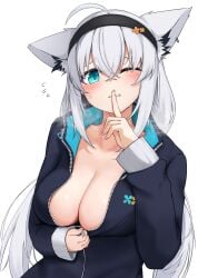 1boy absurdres ahoge animal_ear_fluff animal_ear_piercing animal_ears aqua_eyes black_hairband black_headband black_hoodie blush braid breasts cleavage female fox_ears fox_girl fox_tail hair_between_eyes hairband headband highres hololive hololive_gamers hololive_gen_1 hololive_japan hood hoodie interlocked_fingers large_breasts long_hair long_sleeves looking_at_viewer micon official_alternate_costume one_eye_closed shirakami_fubuki shirakami_fubuki_(7th_costume) single_braid solo tail virtual_youtuber white_background white_hair