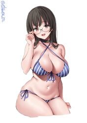 adjusting_eyewear alternate_costume bare_shoulders bikini black_choker black_hair blue_bikini blush breasts choker choukai_(kantai_collection) collarbone criss-cross_halter cropped_legs ebifurya female front-tie_bikini_top front-tie_top glasses halterneck hand_up highres invisible_chair kantai_collection large_breasts long_hair looking_at_viewer navel one-hour_drawing_challenge open_mouth red_eyes side-tie_bikini_bottom simple_background sitting skindentation smile solo stomach strap_gap striped striped_bikini swimsuit thighs twitter_username white_background