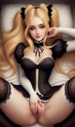 1girls ai_generated blonde_hair female hand_on_pussy missionary_position twintails victorian_era