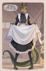 anthro apron argonian big_breasts bonifasko claws dress_lift fireplace horns indoors lifts-her-tail long_dress maid nervous nervous_smile nervous_sweat red_eyes scalie skyrim smile stockings sweat the_elder_scrolls yellow_sclera