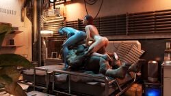 1boy 2girls 3d alien alien_girl anus asari ass bed belethor's_smut big_penis blue_skin closed_eyes commander_shepard cunnilingus erection female femshep hi_res interspecies krogan looking_pleasured mass_effect medium_hair nipples nude oral penis reverse_spitroast samara sex shiny_skin threesome vaginal_penetration