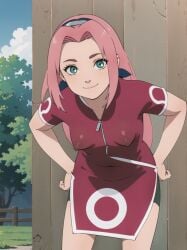 ai_generated bent_over dress erect_nipples erect_nipples_under_clothes female female_focus long_hair looking_at_viewer naruto naruto_(classic) naruto_(series) petite pink_hair sakucole sakura_haruno small_breasts smile solo solo_focus stable_diffusion