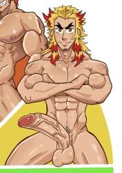 1boy 2023 balls bara bara_tits barazoku bardots_trash big_balls big_penis completely_nude demon_slayer erection gay hi_res highres kimetsu_no_yaiba male male_focus male_nipples male_only male_pubic_hair manly muscular_male nipples nude penis rengoku_kyoujurou solo solo_male yaoi