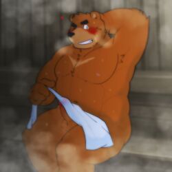 2023 anthro balls bear black_nose blush bodily_fluids brown_body detailed_background erection genitals goujuyu hi_res kemono male mammal musclegut penis sauna sitting solo sweat towel