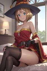 1girls 2d ai_generated bed bedroom black_legwear black_panties blonde_hair cosplay female female_only halloween halloween_costume highres kono_subarashii_sekai_ni_shukufuku_wo! light-skinned_female looking_at_viewer low-angle_view medium_breasts megumin_(cosplay) nintendo pak-fa-t-50 pakfaia panties pokemon pokemon_xy serena_(pokemon) short_hair sitting_on_bed smile tagme teasing thick_thighs thighhighs thighs witch_hat