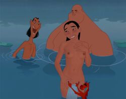 1girls 2boys anaxus blush breasts censored_pussy covering_crotch disney disney_princess fa_mulan mulan mulan_(1998_film) mushu naked nude nude_female smile