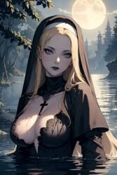 ai_generated blonde_hair dark_nun dark_nurse girl night nun nun_hat water yodayo