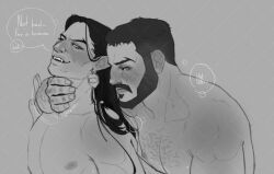 2boys bara beard black_hair blush breath brown_hair buzz_cut canon_couple castlevania castlevania_(netflix) castlevania_nocturne chest_hair couple dark-skinned_male dark_skin english_text eye_contact facial_hair gay gay_sex green_eyes hairy hand_on_another's_neck head_tilt highres implied_sex jewelry long_hair looking_at_another male_focus male_only mature_male mizrak moaning multiple_boys nude olrox_(castlevania) out-of-frame_censoring pointy_ears severeni short_hair smirk sweat thick_eyebrows thick_mustache torogao upper_body vampire very_short_hair yaoi