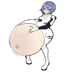 absurd anime belly belly_bulge big_belly big_belly_bulge blue_hair breasts disproportional green_glutton hand_on_belly huge_belly hyper_belly hyper_pregnancy hyper_pregnant light-skinned_female light_skin neon_genesis_evangelion plugsuit pregnant pregnant_female red_eyes rei_ayanami short_hair small_breasts sweatdrop torn_clothes torn_clothing white_plugsuit