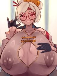 1girls alternate_breast_size big_breasts breasts busty curvaceous curvy curvy_body curvy_female curvy_figure female glasses gloves hand_on_breast huge_breasts large_breasts nipples purah purah_(tears_of_the_kingdom) red_eyes round_glasses smile smiling smiling_at_viewer tears_of_the_kingdom the_legend_of_zelda tokyokyoto venus_body voluptuous white_hair