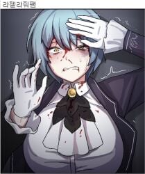 angela_(library_of_ruina) angela_(lobotomy_corporation) blood bruise bruised crying crying_with_eyes_open hands_up library_of_ruina lobotomy_corporation project_moon ryona tagme tears tjaro trembling