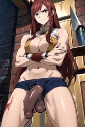 1futa ai_generated balls_out crossed_arms dark_penis darkened_genitalia erza_scarlet fairy_tail flaccid futanari huge_cock jaconicon penis_out red_hair solo solo_futa tagme