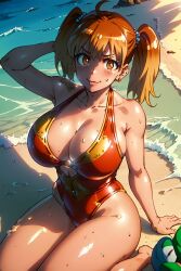 1girls ai_generated beach big_breasts bikini blonde_hair breasts brown_eyes clothed clothing curvy female female_focus female_only hi_res highres kasama_ai looking_at_viewer looking_up medium_hair pigtails please_don't_bully_me,_nagatoro pose revealing_clothes simple_background smile solo solo_female swimsuit wide_hips yoshi_(nagatoro)