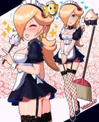 big_breasts blonde_hair blue_eyes blush bowtie broom butler choker cleavage cuffs cute dress feather_duster female female_only fishnet_stockings fishnets hair_over_one_eye high_heels low_cut_top luma maid maid_apron maid_collar maid_headdress maid_outfit maid_uniform mario_(series) miniskirt nintendo painted_nails pink_nail_polish princess_rosalina revealing_clothes rose_(flower) sarukaiwolf skimpy_clothes star_earrings stockings super_mario_galaxy thighhighs uniform upskirt very_short_skirt