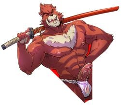 anthro armpit_hair asian_clothing bear body_hair clothing east_asian_clothing fundoshi genitals japanese_clothing kumammoto_(artist) kumatetsu male male_only mammal muscular muscular_anthro muscular_male nipples pecs penis solo the_boy_and_the_beast underwear vein veiny_penis