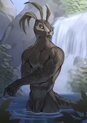 2023 anthro argonian bethesda_softworks biped claws detailed_background digital_media_(artwork) finger_claws flaccid furdo genitals grey_body grey_penis hi_res idrysse3 male male_only outside partially_submerged penis pupils scalie scar slit_pupils solo the_elder_scrolls waterfall wet wet_body yellow_eyes