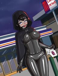 1girls 2020s 2023 2d 5_fingers argrim ball_gag black_bodysuit black_clothing black_hair black_latex bodysuit breasts buttons cape clothing collar convenience_store diagonal_angle egg_vibrator english_text exhibitionism eyes female female_focus female_only femsub front_zipper fully_clothed gag gagged gas_station gloves hair hands-free hi_res hood hotel_transylvania humanoid inside_view kiosk latex latex_clothing latex_gloves latex_suit masturbation masturbation_under_clothes mavis_dracula metal_collar night night_sky nipple_bulge open_eyes outdoors png public public_vibrator purple_eyes sex_toy sex_toy_in_pussy shiny_clothes sign solo sony_pictures_animation standing supermarket sweat text tight_clothing vampire vibrating vibrating_egg vibrator vibrator_in_pussy vibrator_under_clothes wireless_vibrator zipper