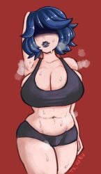 1girls 2d abs arms_behind_head belly_button black_bra black_lips black_lipstick black_underwear blue_hair bra breasts cordelia_(dead_estate) dead_estate eyes_covered hidden_eyes large_breasts skindentation small_waist steaming_body sweat sweating sweaty sweaty_body thick_thighs tomboy tomboy_sama underwear