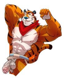 1boy anthro balls felid frosted_flakes genitals kellogg's kumammoto_(artist) male male_only mammal mascot nipples orange_body pantherine pecs penis solo stripes tiger tony_the_tiger vein veiny_muscles veiny_penis