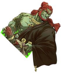 1boy abs boner clothed erection ganondorf genital_piercing genitals gerudo green_body green_skin humanoid kumammoto_(artist) long_hair long_hair_male male male_focus male_only muscular muscular_humanoid muscular_male nintendo nipples oubes pecs penis penis_piercing piercing solo the_legend_of_zelda vein veiny_penis