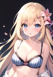 1girls 2d :o ai_generated bangs bare_shoulders black_background blonde_hair blue_bra blue_eyes blush bow bow_bra bra breasts cherry_blossoms cleavage collarbone eyebrows_visible_through_hair falling_petals female flower hair_between_eyes hair_bow hair_flower hair_ornament hairclip lace-trimmed_bra large_breasts long_hair looking_at_viewer medium_breasts navel off_shoulder open_clothes open_mouth open_shirt parted_lips petals pink_flower rose_petals shirt solo stomach striped striped_panties underwear upper_body vertical_stripes very_long_hair white_shirt