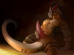 anthro anus chase_young genital_slit genitals katabreak lizard male masturbation muscular muscular_anthro muscular_male pecs reptile scalie slit solo striped_body stripes tail xiaolin_showdown