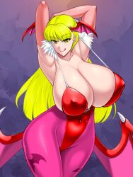 1girls :q armpits arms_behind_head arms_up armwear bangs bare_shoulders bat_wings big_breasts blonde_hair breasts cameltoe capcom cleavage clothing collarbone curvy darkstalkers elbow_gloves erect_nipples erect_nipples_under_clothes eyebrows_visible_through_hair eyelashes feathers female female_focus female_only fringe gloves head_wings hips huge_breasts kawanuma_uotsuri large_breasts leggings legwear leotard looking_at_viewer monster morrigan_aensland naughty_face navel nipple_bulge nipples palette_swap photoshop pinup purple_background seductive seductive_look seductive_smile shiny_skin sideboob simple_background solo solo_female succubus teal_hair thighs third-party_edit tongue tongue_out vampire voluptuous wide_hips wings yellow_eyes