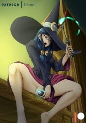 1girls blue_hair dildo ethevian female female_focus female_only half-dressed little_witch_academia masturbation pantsless ponytail red_eyes sex_toy solo ursula_callistis witch witch_hat