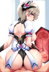 1boy 1girls :o ass asymmetrical_gloves backless_outfit black_leotard bottomless brown_hair captain_(honkai_impact) censored clothed_female_nude_male cowgirl_position earrings exposed_breasts flower gloves hair_ornament honkai_(series) honkai_impact_3rd horn large_breasts leotard light-skinned_female light-skinned_male light_skin looking_at_partner looking_at_viewer looking_back_at_viewer maid maid_headdress maid_uniform male_pov mosaic_censoring nipples penetration penis pov purple_eyes reverse_cowgirl_position ribbon rita_rossweisse rita_rossweisse_(umbral_rose) rose sex sitting_on_person slash-ex smile straddling