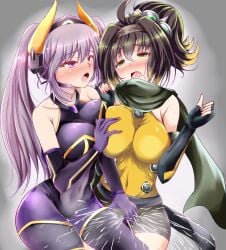 2girls andrew_(artist) duel_monster i:p_masquerena kunoichi ninja s-force_rappa_chiyomaru yu-gi-oh! yuri