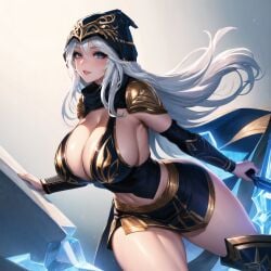 ai_generated ashe_(league_of_legends) big_breasts blue_eyes cixf huge_breasts league_of_legends league_of_legends:_wild_rift looking_at_viewer miniskirt skirt solo thick_thighs wide_hips