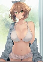 1girls :o bra breasts brown_hair cleavage collarbone commentary curtains day female female_focus female_only floral_print green_eyes hair_ribbon highres indoors kantai_collection kasumi_(skchkko) large_breasts lingerie long_sleeves looking_at_viewer mutsu_(kantai_collection) navel open_clothes open_shirt panties ribbon shirt short_hair smile solo striped striped_shirt tree underwear white_bra white_panties window