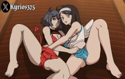 2girls black_clover black_hair blue_eyes breasts female female/female female_human female_only human interspecies kyrios375 legs_up medium_breasts multiple_girls presenting red_eyes school_uniform schoolgirl secre_swallowtail sexy_bitchs sister_lily_aquaria small_breasts