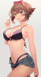 1girls :d bikini black_bikini blue_shorts blush breasts brown_hair cleavage collarbone commentary cowboy_shot denim denim_shorts female female_focus female_only green_eyes grey_background highres kantai_collection kasumi_(skchkko) large_breasts midriff mutsu_(kantai_collection) navel o-ring o-ring_bikini open_mouth short_hair short_shorts shorts smile solo swimsuit