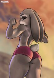 aozee back back_view bare_breasts beach big_legs bodybuilder bunny_ears bunny_girl flexing flexing_arms flexing_biceps flexing_both_biceps flexing_muscles grey_body grey_fur judy_hopps looking_at_viewer looking_back looking_back_at_viewer muscular pink_swimsuit pink_swimwear pose rabbit sideboob sunset tail topless topless_bikini topless_female zootopia