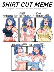 alternate_costume big_breasts bikini_top blue_hair blush breasts choker cleavage cleavage_cutout glasses little_witch_academia milf mizului older_female ponytail red_eyes shirt_cut_meme shirt_lift sideboob sports_bra tank_top teacher underboob ursula_callistis witch witch_hat